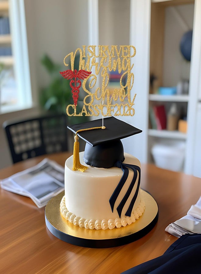 Yotawebery I Survived Nursing School Cake Topper - Class of 2026 Nurse Graduation Decorations - Congrats Nurse RN, Nursing School Graduation Party Decorations, Gold and Red Glitter - Image 4